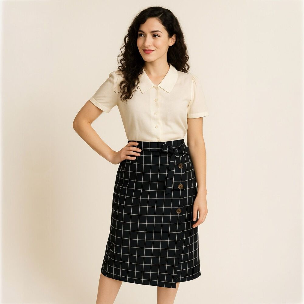 Mustard Seed Retro Windowpane Check Tie-Waist Midi Skirt